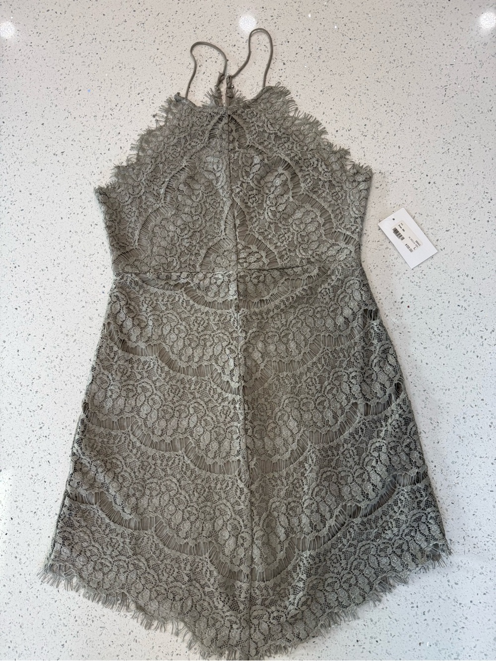 High-Neck Lace Mini Dress in Gray